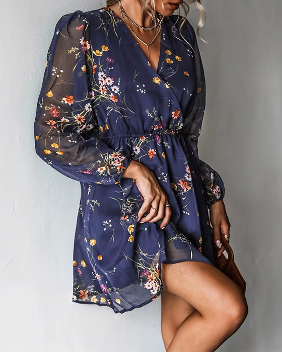 Floral V-Neck Fitted Waist Dress