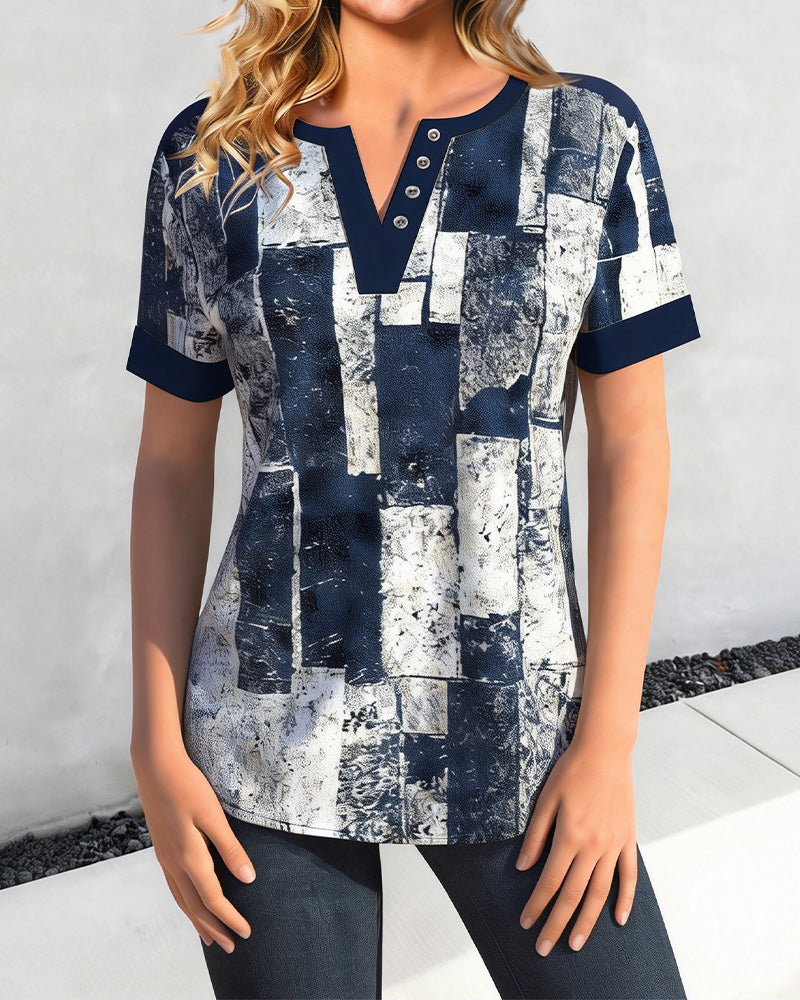 Distressed Geometric V-Neck T-Shirt