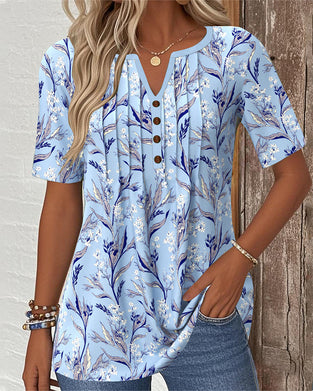 V-Neck Printed Short-Sleeved Blouse