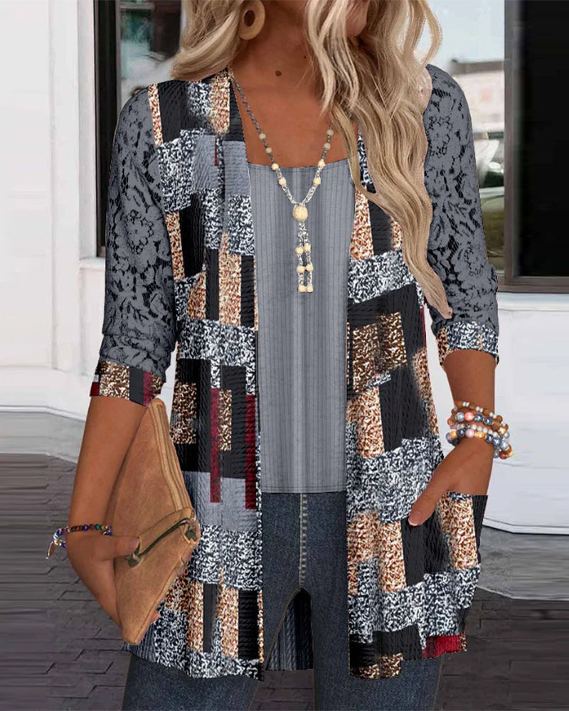 Faux Two-Piece Printed Long-Sleeved Blouse