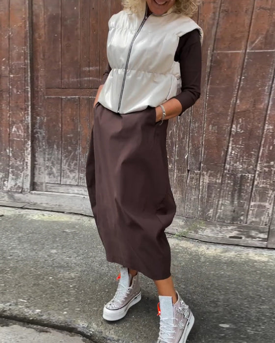 Simple solid color pocket long sleeve elegant dress