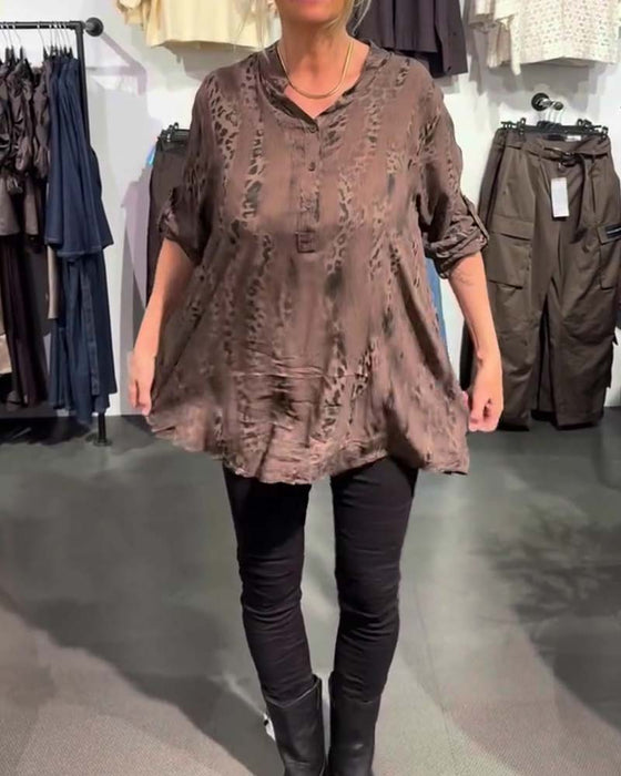V-Neck Button Front Leopard Print Relaxed Blouse