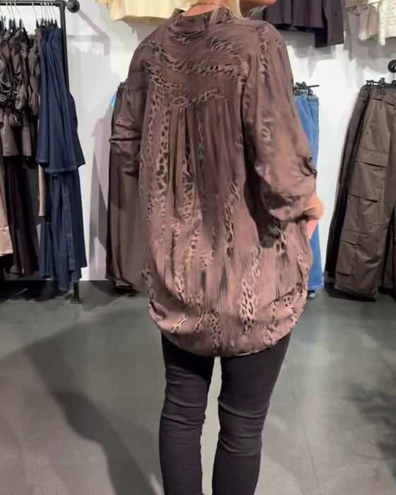V-Neck Button Front Leopard Print Relaxed Blouse