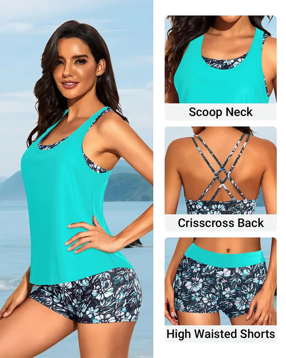 Floral Print Three-Piece Tankini
