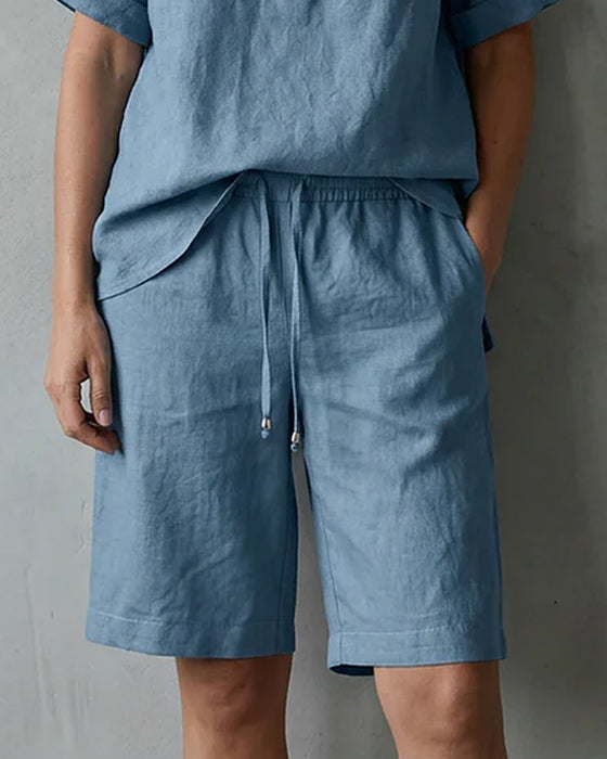 Henley Neck Short Sleeve And Drawstring Five-Point Wide Leg Pants Two-Piece Set
