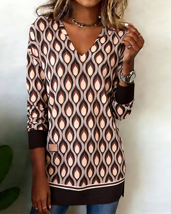 V-Neck Long Sleeve Color-Blocking Geometric Top