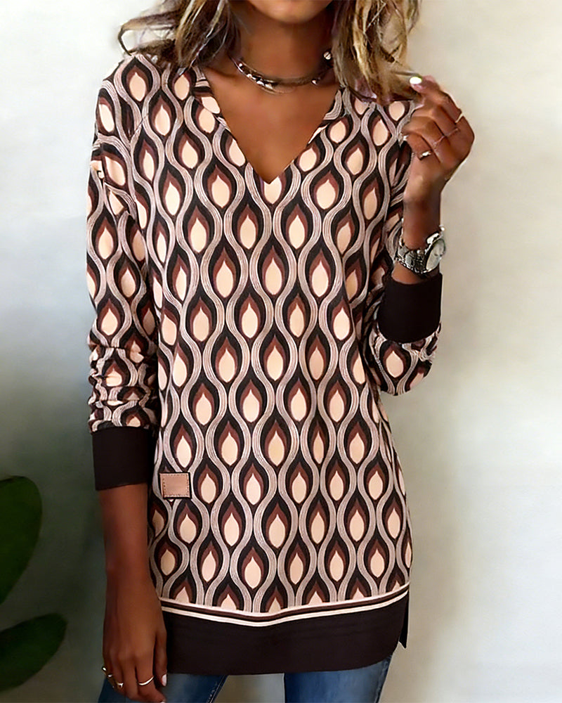 V-Neck Long Sleeve Color-Blocking Geometric Top