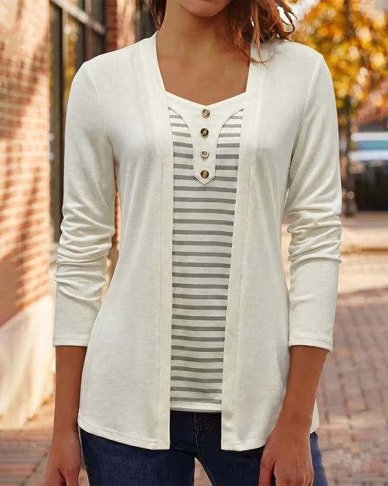 Mock Two-Piece Long Sleeve Striped Top