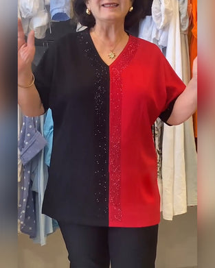 V-Neck Color Block Loose T-Shirt