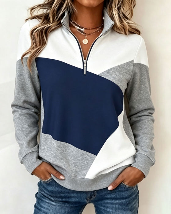 Geometric Color-Block Zip Sweatshirt