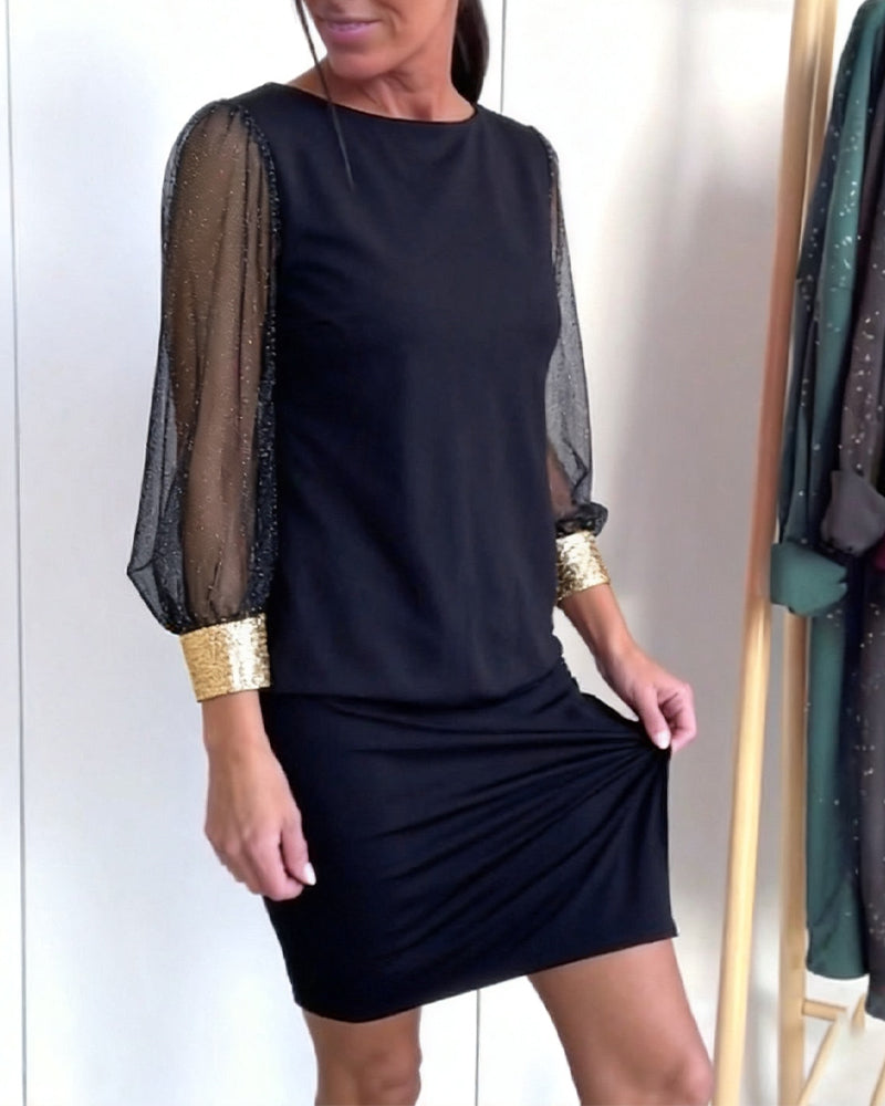 Tulle Color-Blocking Long Sleeve Dress