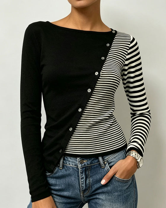 Contrast Striped Button Patchwork T-Shirt