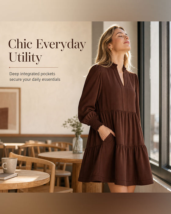 V-Neck Puff Sleeve Tiered Dress