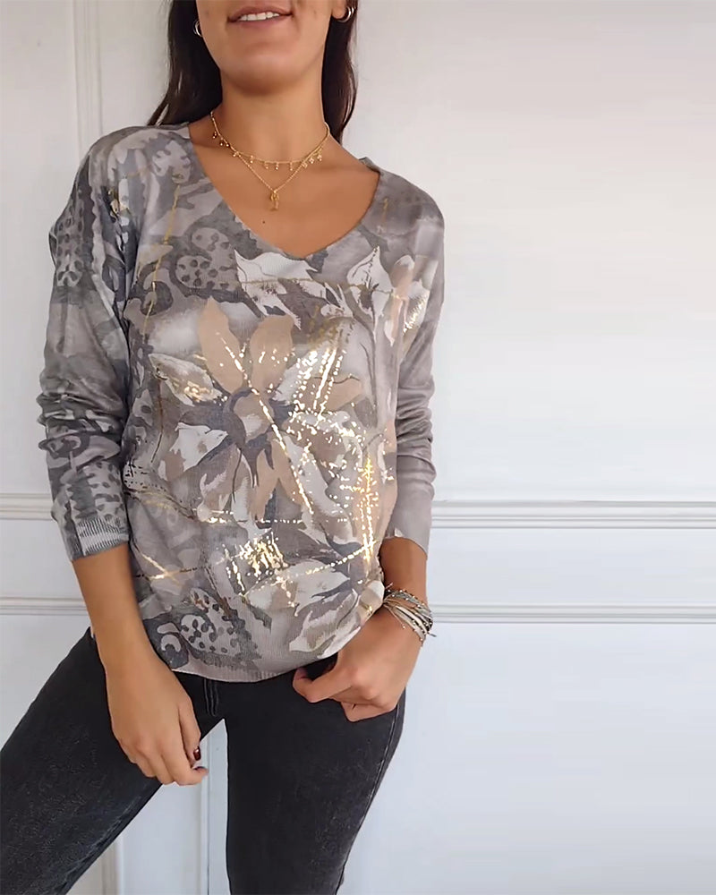 Vintage floral print V-neck long-sleeved top