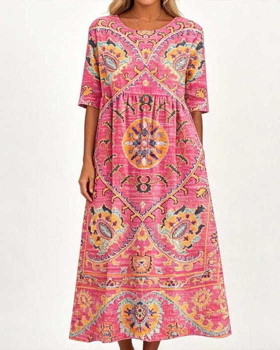 Ruffled Neck Print Flared Skirt Dress