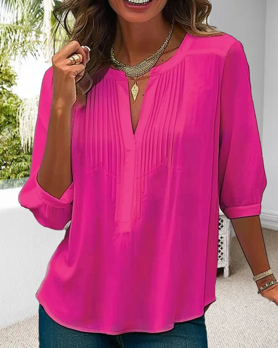 V-neck pleated solid color blouse