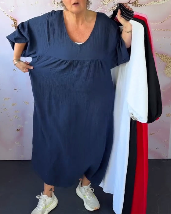 Forest Style V-Neck Pleated Solid Color Dress