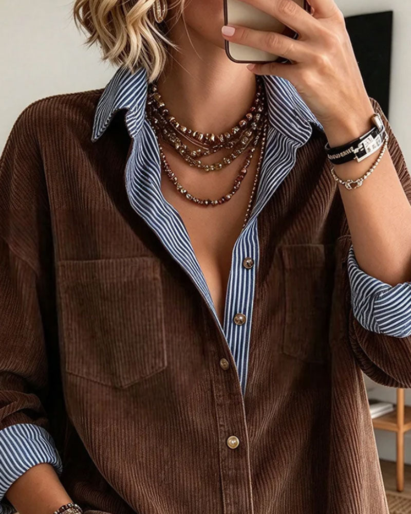 Button-Lapel Fake Two-Piece Shirt