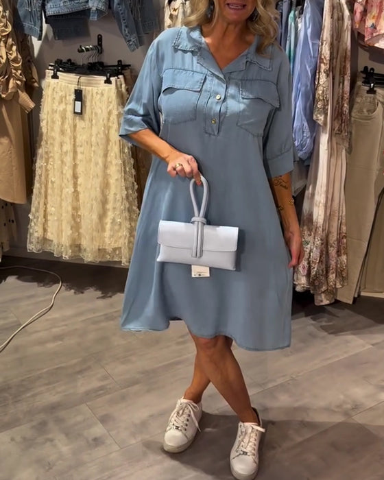 Lapel Button A Hem Dress