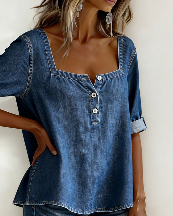 Square Neck Denim Half Sleeve Shirt