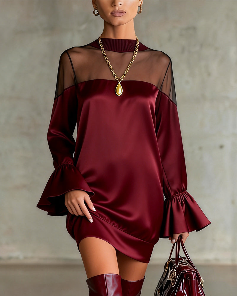 Bell Sleeve Mesh Paneled Dress
