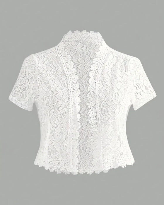 Solid Color Floral Lace Short Sleeve Coat
