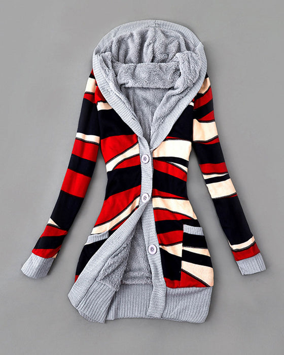 Printed Hooded Button Down Coat
