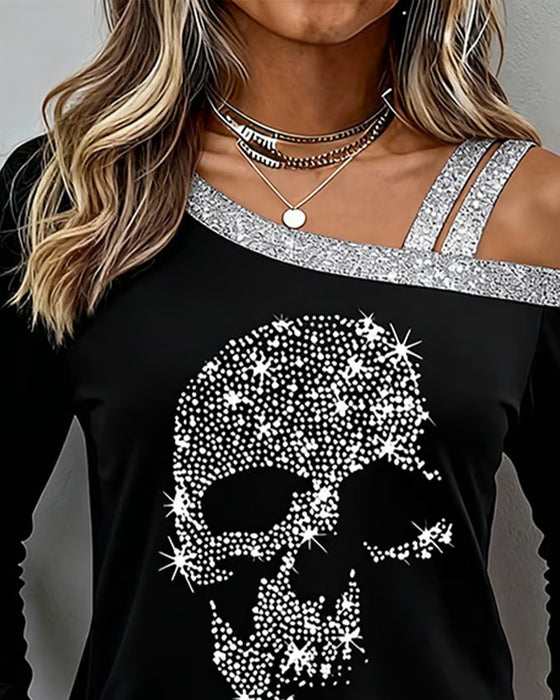 Off-The-Shoulder Skull Print Long-Sleeved Top