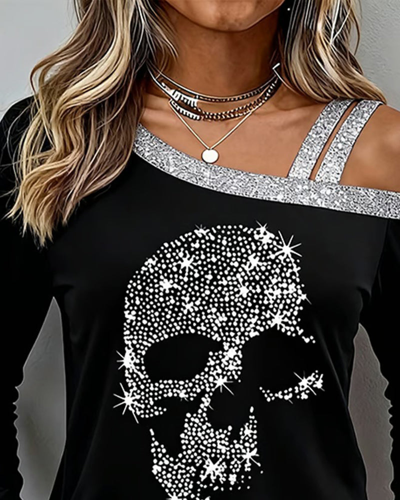 Off-The-Shoulder Skull Print Long-Sleeved Top
