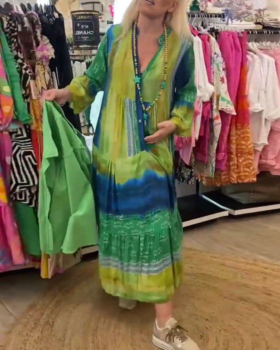 Printed casual V-neck flare sleeve long dress