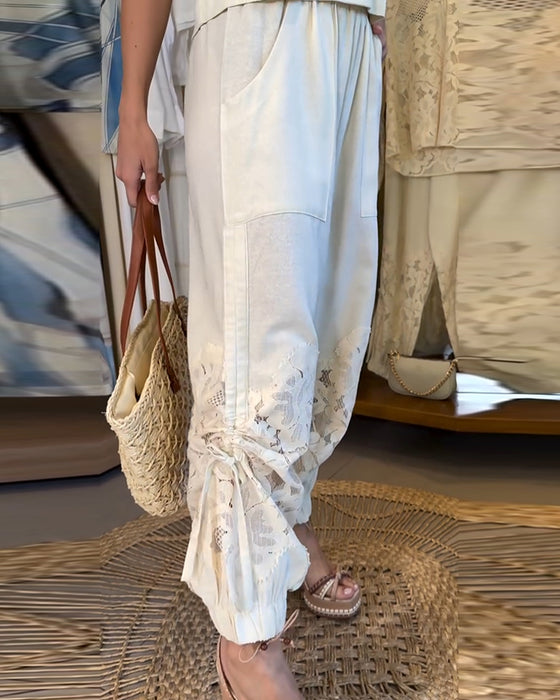 Solid Color Lace Patchwork Shirred Long Pants