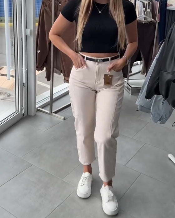 High-Waisted Casual Straight-Leg Pants