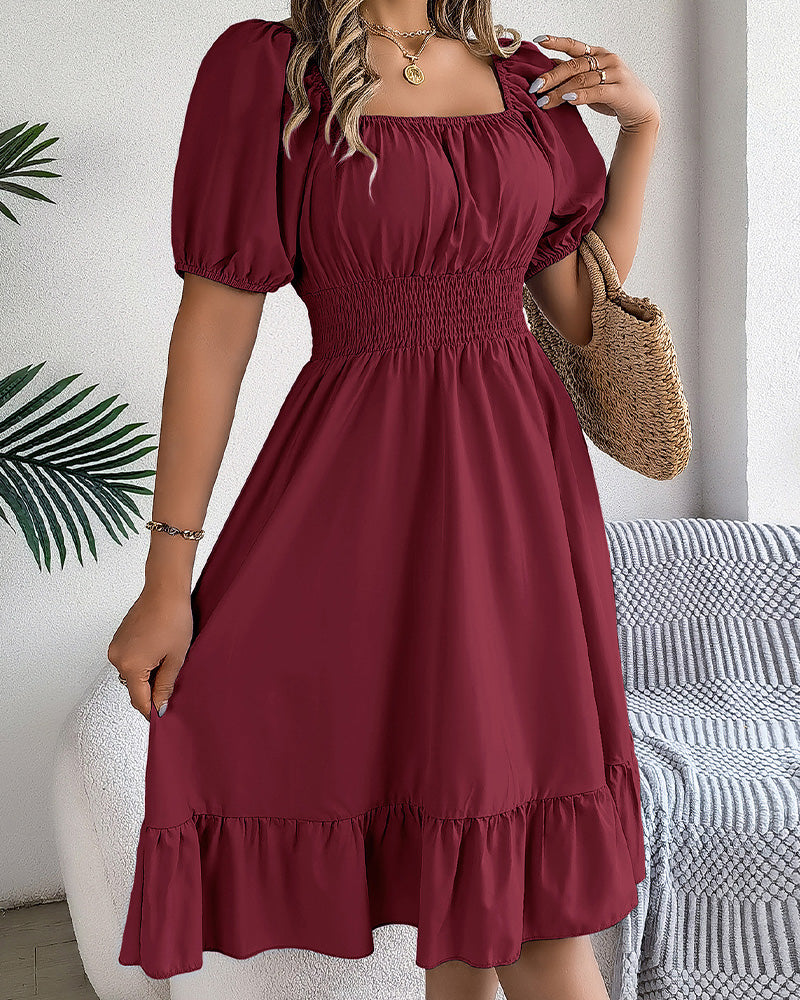 Square Neck Cinched Waist Ruffle A-Line Dress
