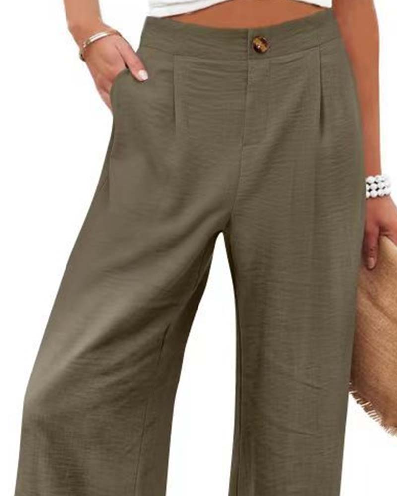 Button Elastic Waist Wide-Leg Pants