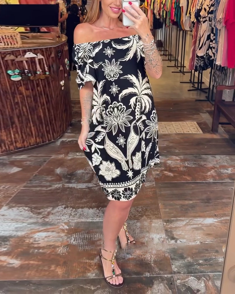 Wide Collar Straight Across Neck Print Dress