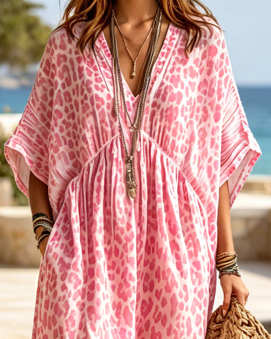 Loose V-Neck Leopard Waist-Cinching Dress