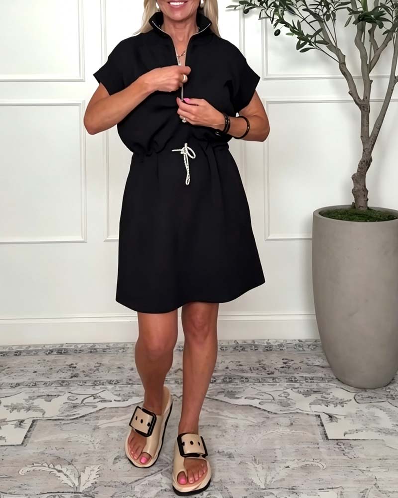 Zipper Drawstring Waist Casual Dress