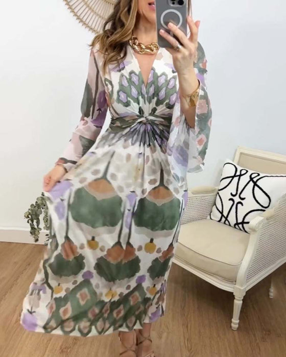 Elegant printed V-neck flare sleeves long dress
