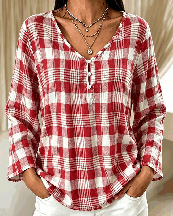 Stylish V-Neck Plaid Elbow-Length Sleeve Blouse