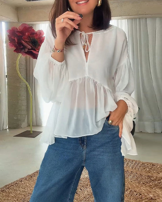Drawstring V-Neck Puff-Sleeve Blouse
