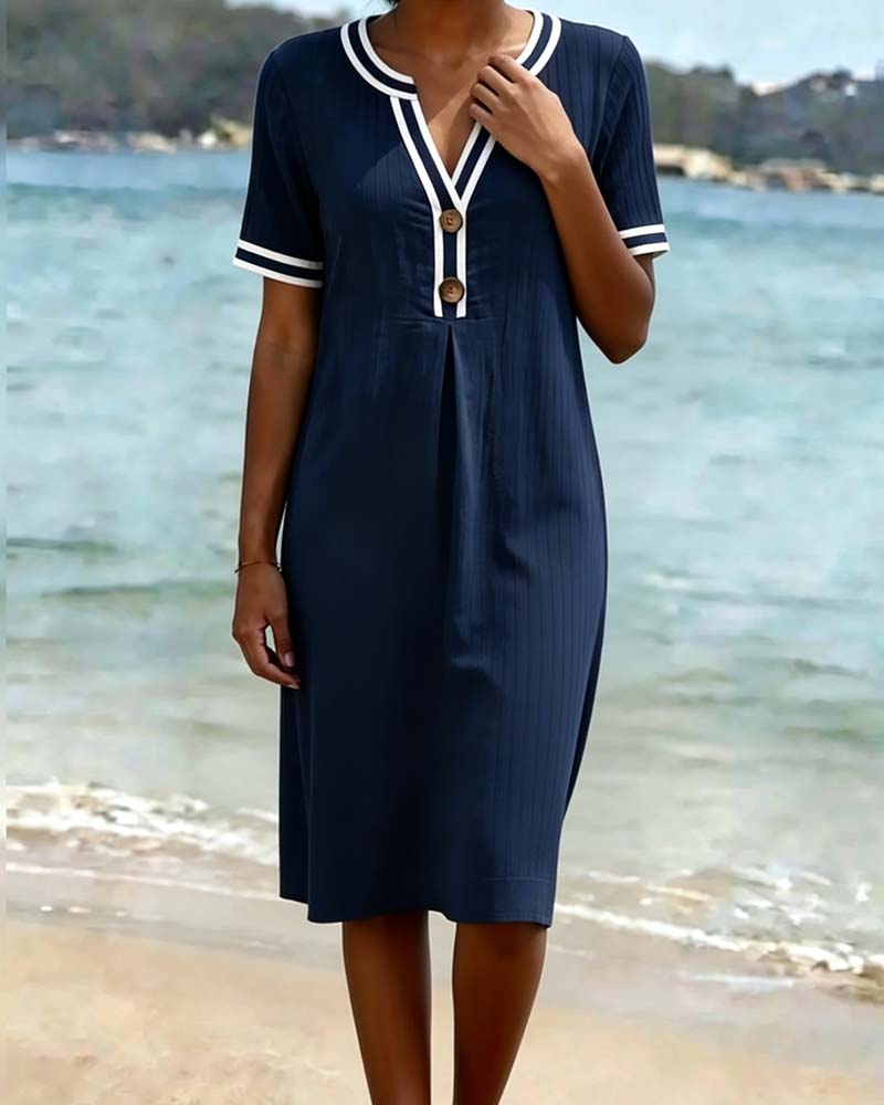 V-Neck Color Block Striped Dress