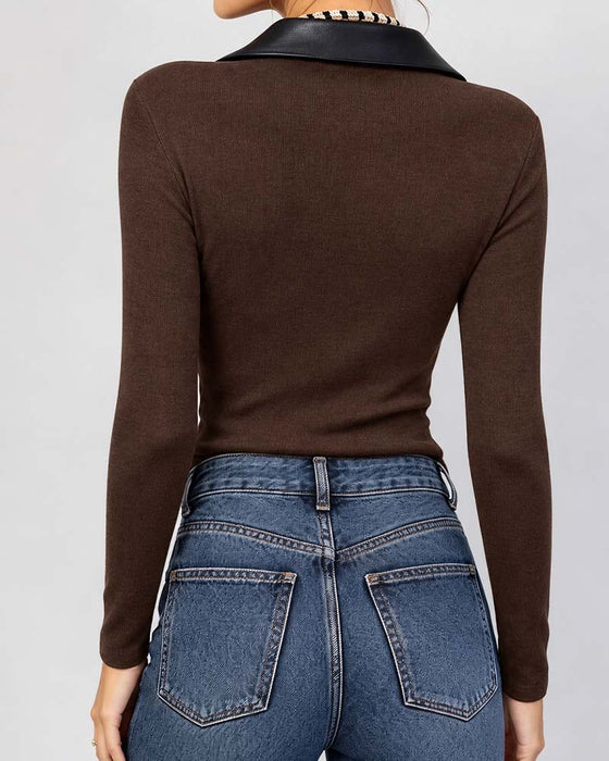 PU Lapel Cross Long Sleeve Top