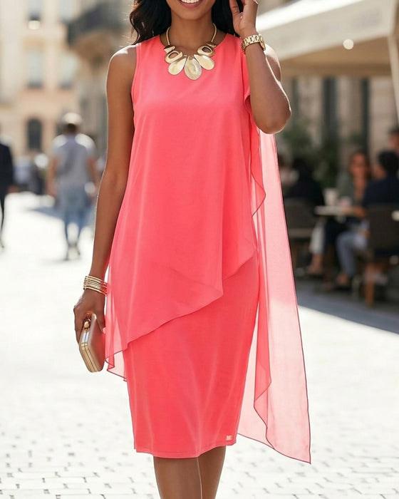 Solid Color Round Neck Sleeveless Flowy Dress
