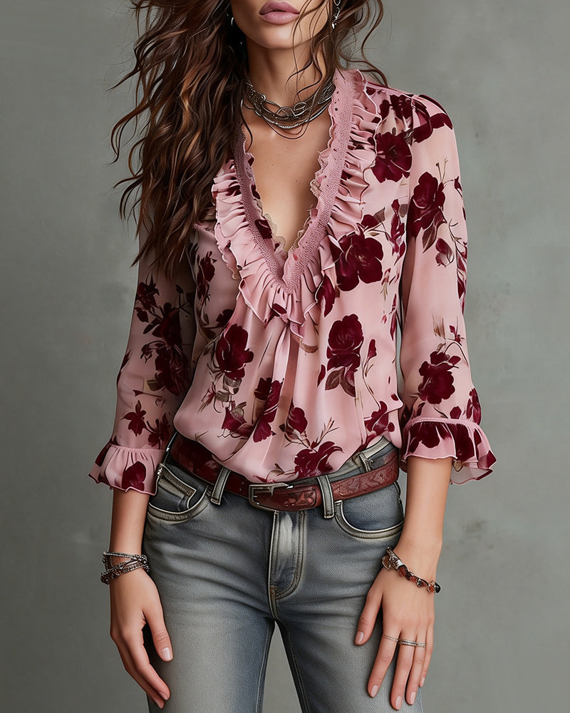 Ruffle V-Neck Rose Print Blouse