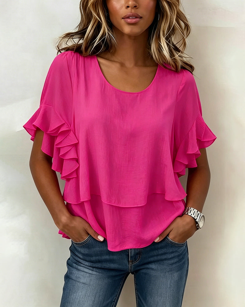 Round Neck Ruffled Short-Sleeved T-Shirt