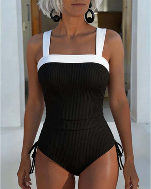 Vertical Stripe Color Block Tie One-Piece