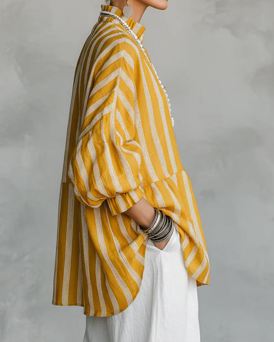 Stand Collar Lantern Sleeve Striped Blouse