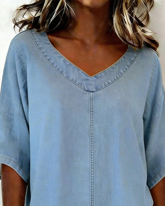 V-Neck Casual Denim Top