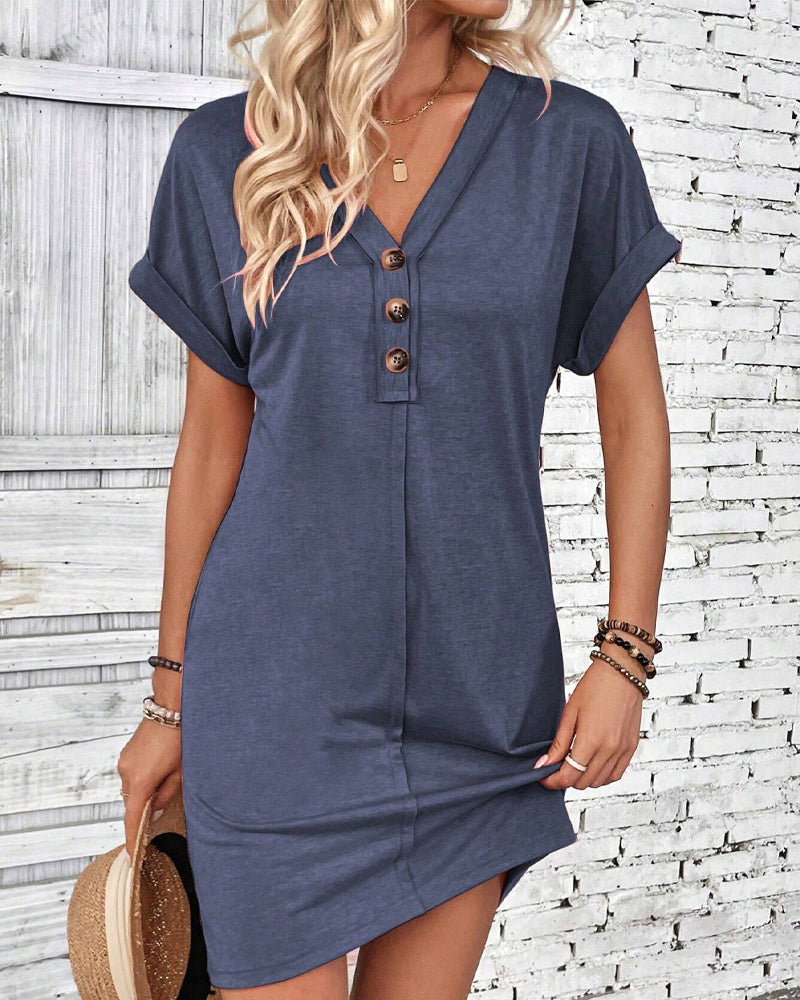 Versatile Buckle V-Neck Dress