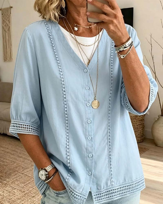 V-Neck Button Lace Blouses